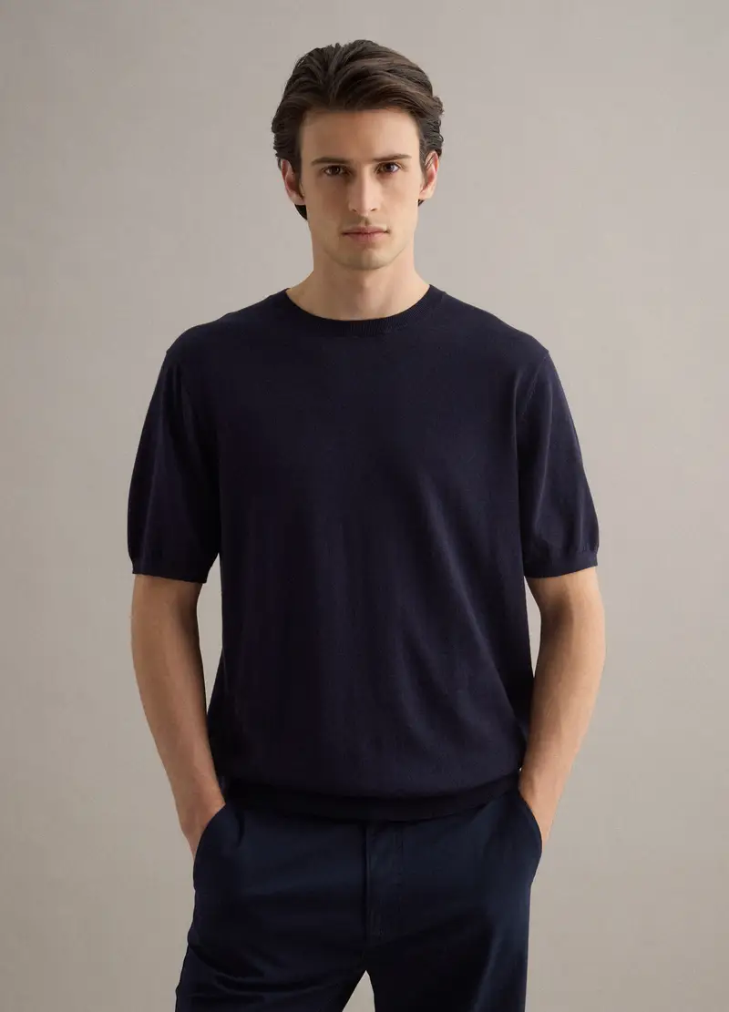 T-shirt A Maniche Corte In Misto Cotone, Lino E Seta Blu Regular Fit, Uomo, Blu miniatura 3