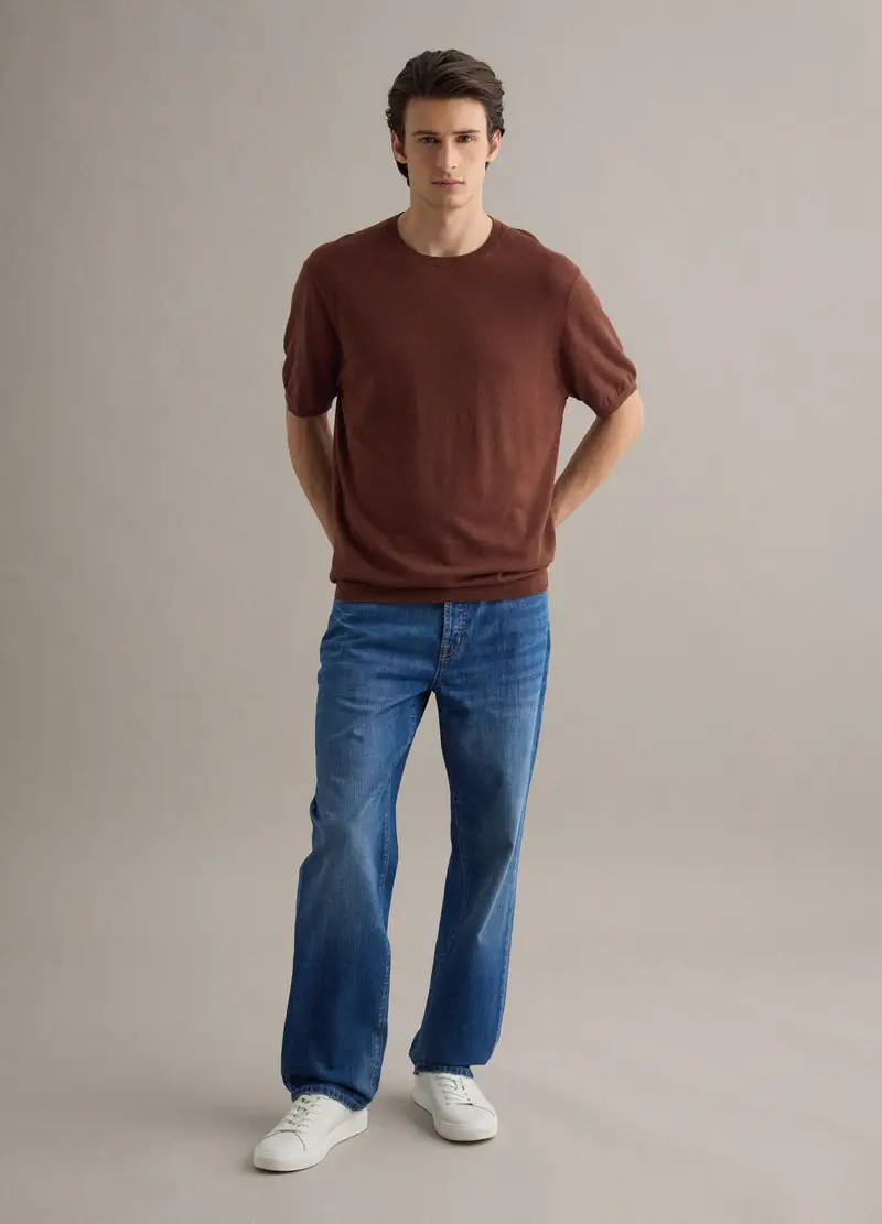 T-shirt A Maniche Corte In Misto Cotone, Lino E Seta Marrone Regular Fit, Uomo, Marrone miniatura 2