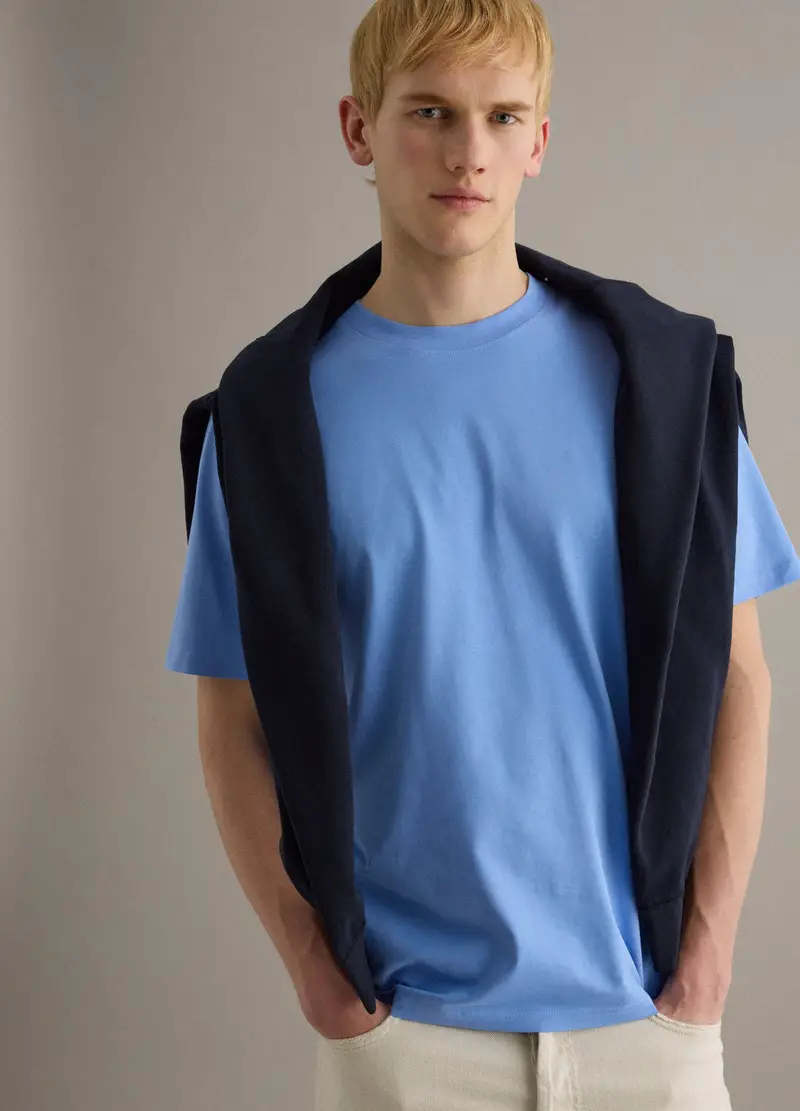 T-shirt Girocollo In Puro Cotone Azzurra Relaxed Fit, Uomo, Azzurro