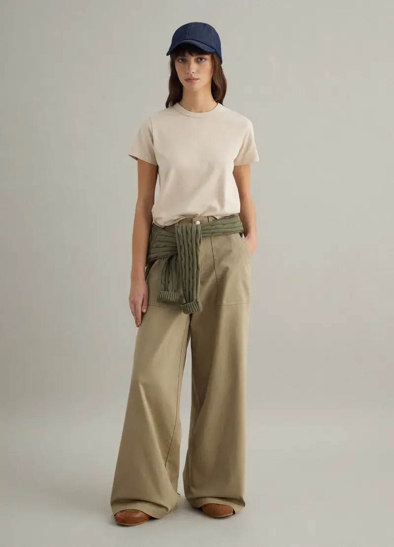 T-shirt Girocollo In Puro Cotone Beige Regular Fit, Donna, Beige miniatura 2