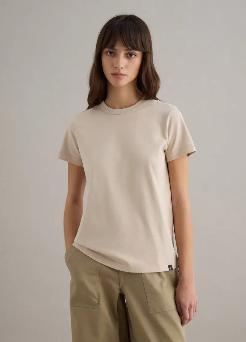 T-shirt Girocollo In Puro Cotone Beige Regular Fit, Donna, Beige miniatura 3