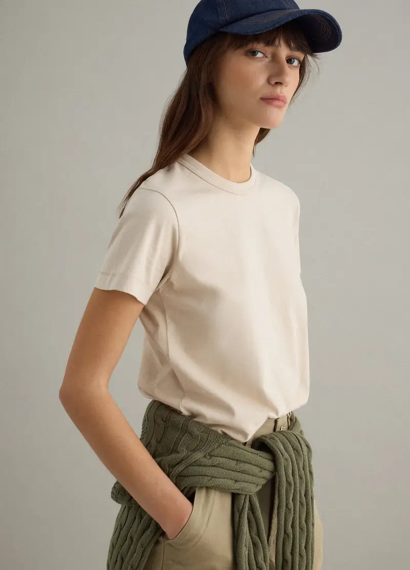 T-shirt Girocollo In Puro Cotone Beige Regular Fit, Donna, Beige