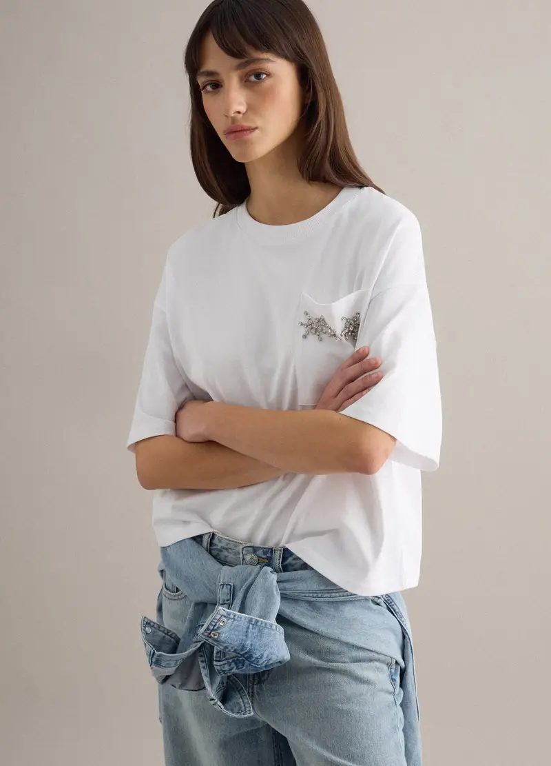 T-shirt In Misto Cotone Bianco Relaxed Fit Con Taschino Decorato, Donna, Bianco