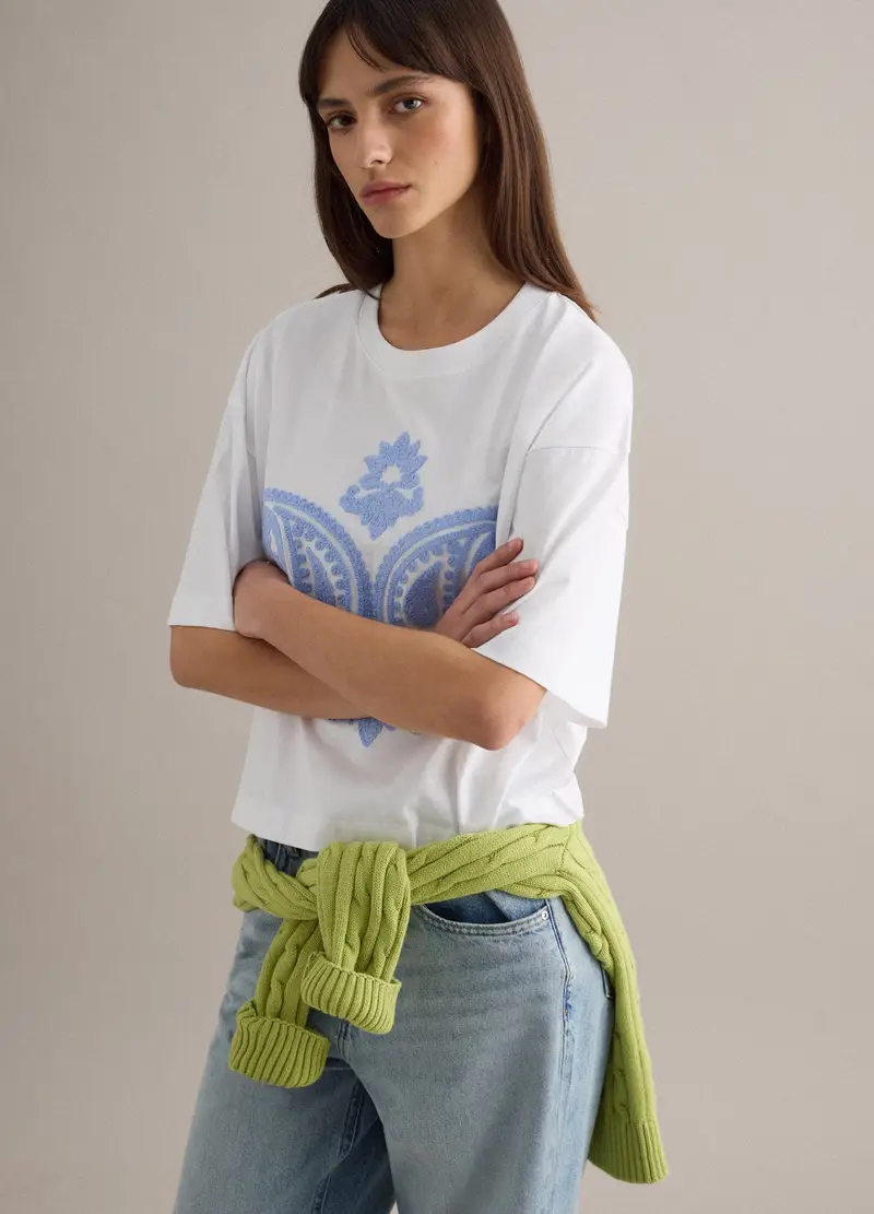 T-shirt In Puro Cotone Bianca Relaxed Fit Con Motivo Paisley, Donna, Bianco