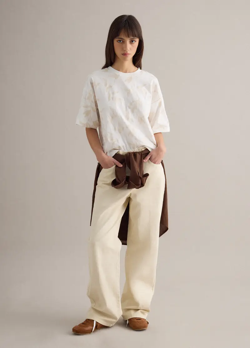 T-shirt In Puro Cotone Bianca Relaxed Fit Con Ricami Floreali, Donna, Bianco miniatura 2