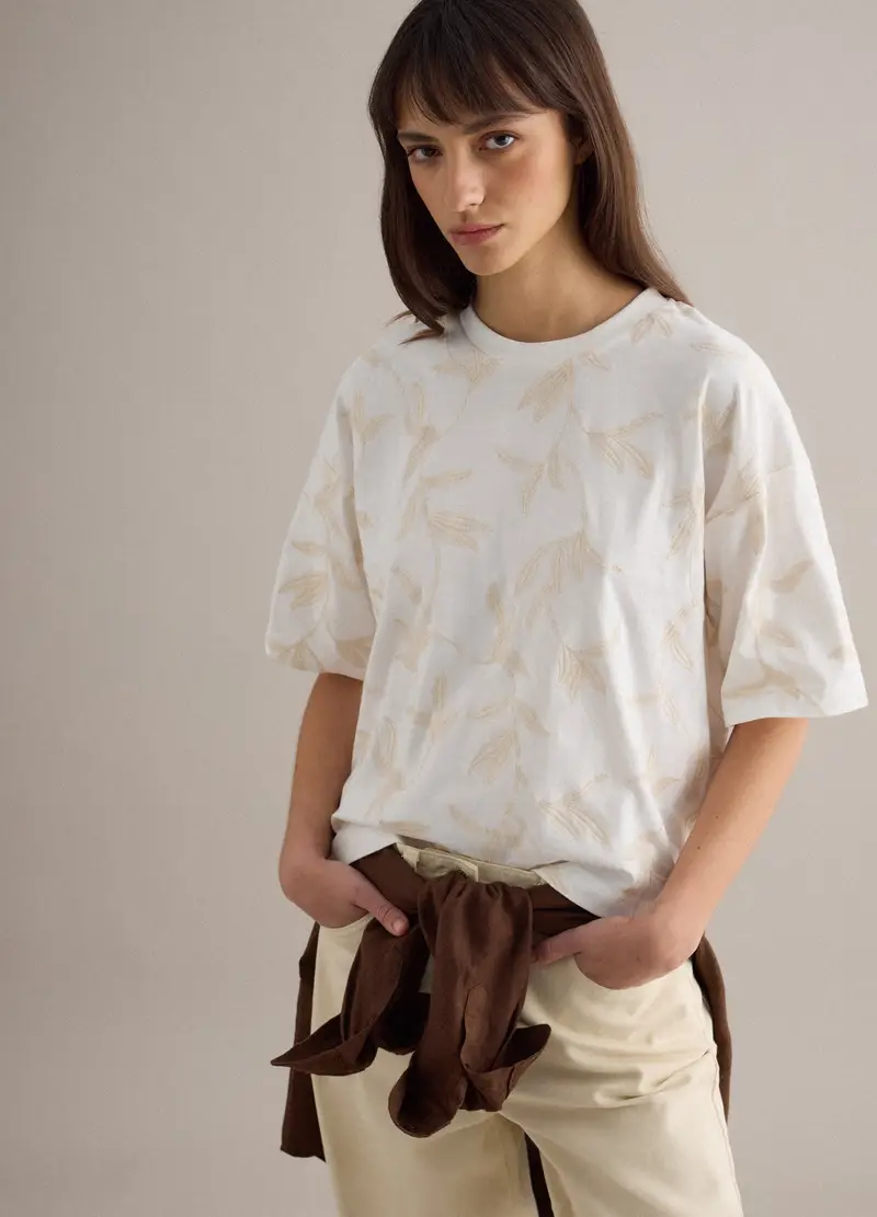 T-shirt In Puro Cotone Bianca Relaxed Fit Con Ricami Floreali, Donna, Bianco