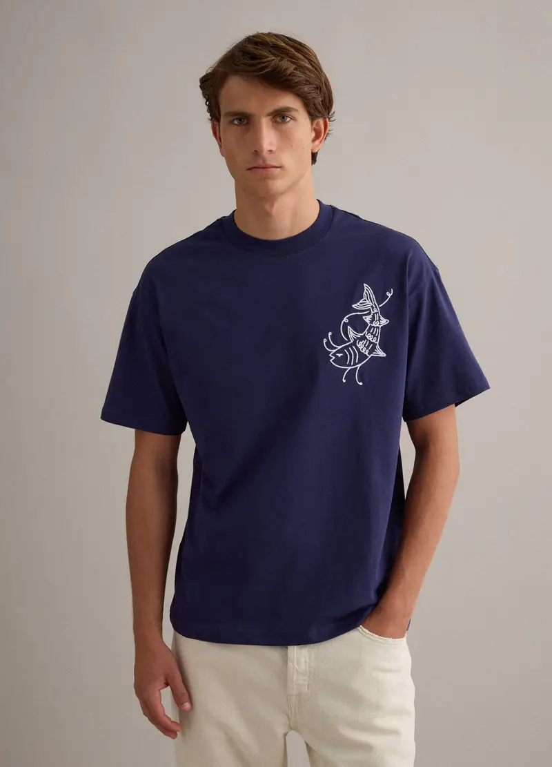 T-shirt In Puro Cotone Blu Relaxed Fit Con Ricamo, Uomo, Blu miniatura 3