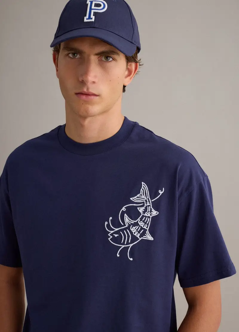 T-shirt In Puro Cotone Blu Relaxed Fit Con Ricamo, Uomo, Blu