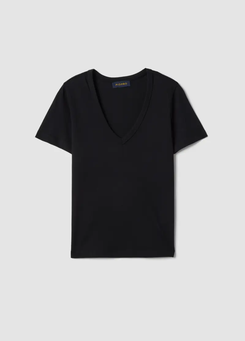T-shirt In Puro Cotone Nero Regular Fit Con Collo A V, Donna, Nero