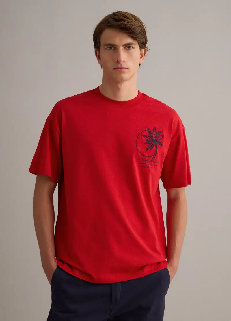 T-shirt In Puro Cotone Rossa Relaxed Fit Con Ricamo, Uomo, Rosso miniatura 3