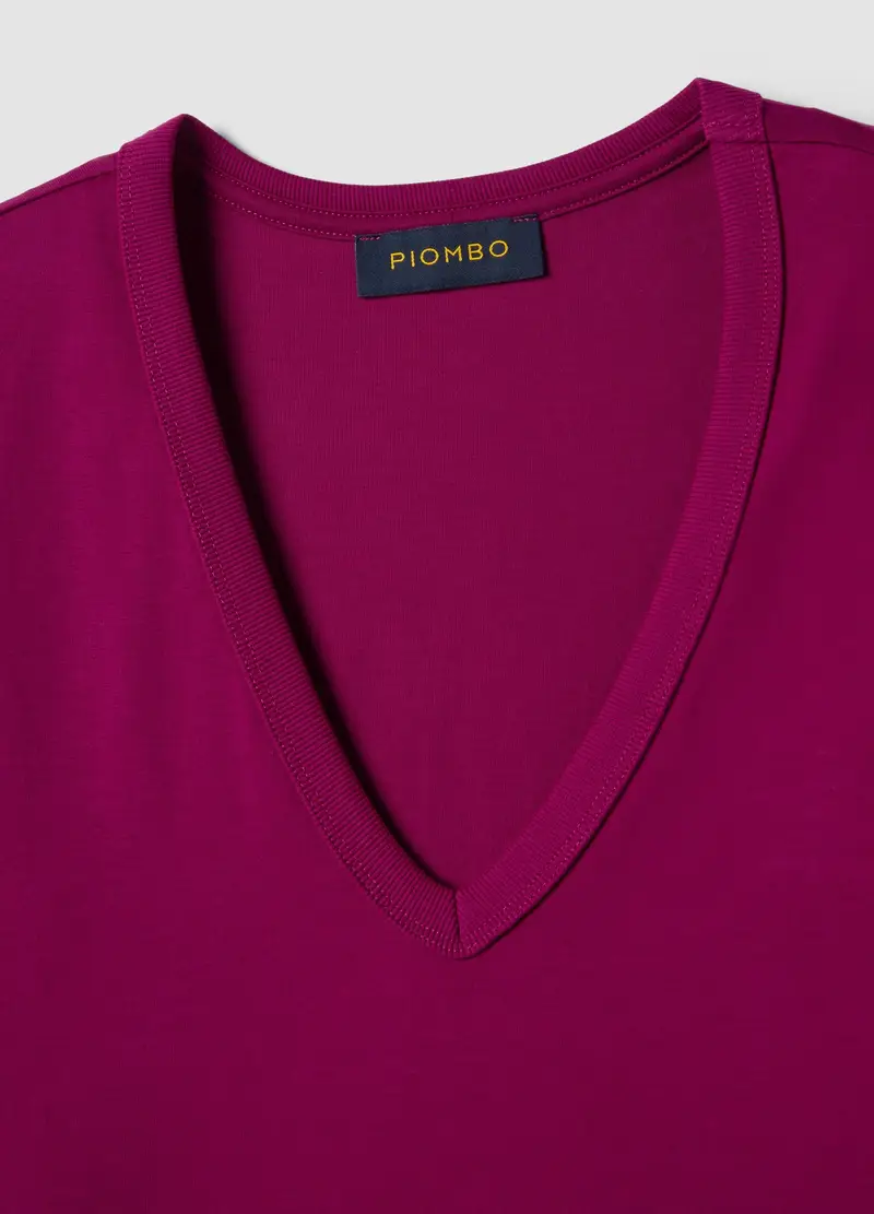 T-shirt In Puro Cotone Viola Regular Fit Con Collo A V, Donna, Viola miniatura 2