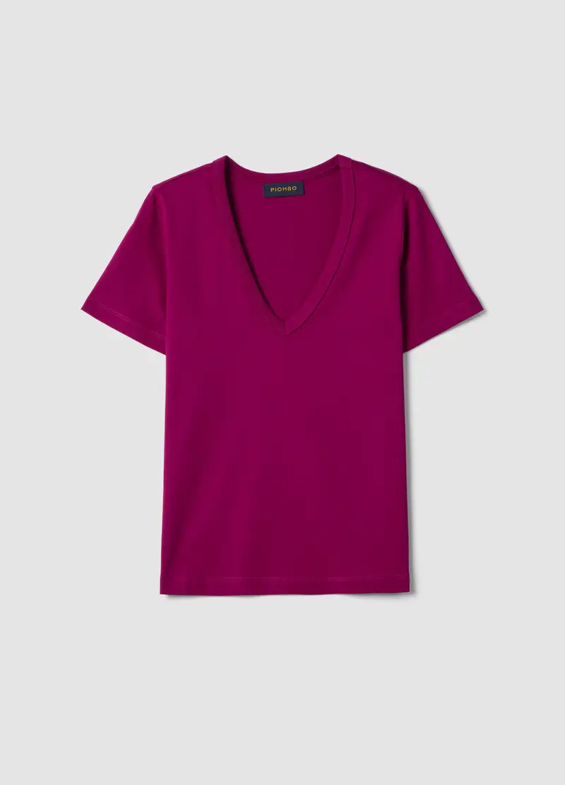 T-shirt In Puro Cotone Viola Regular Fit Con Collo A V, Donna, Viola