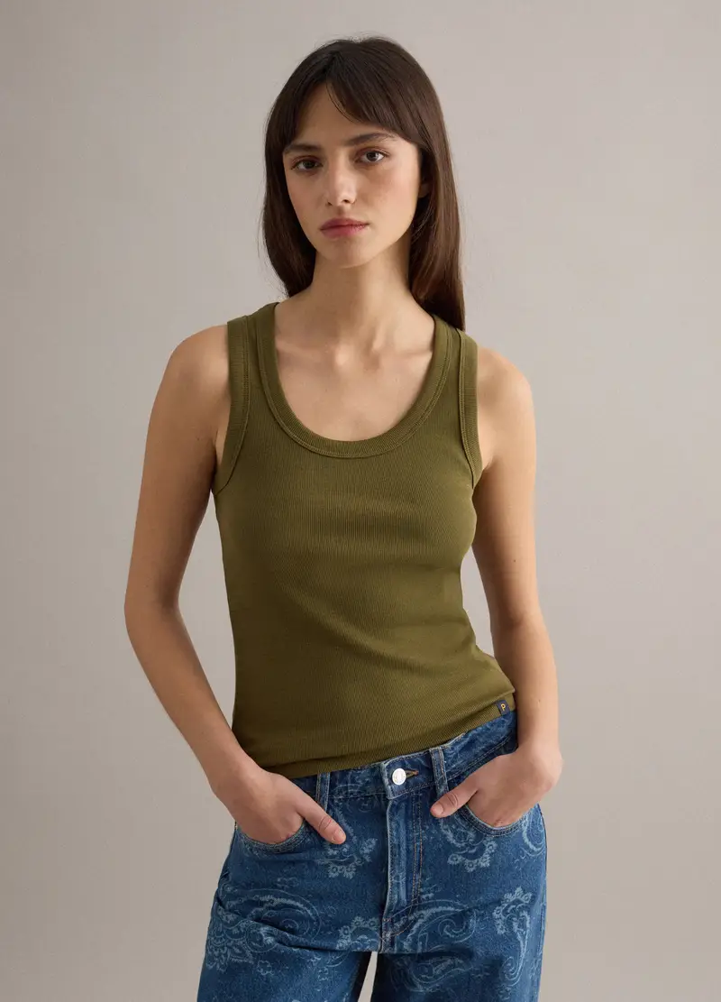 Tank Top In Cotone Elasticizzato Verde Regular Fit, Donna, Verde miniatura 3