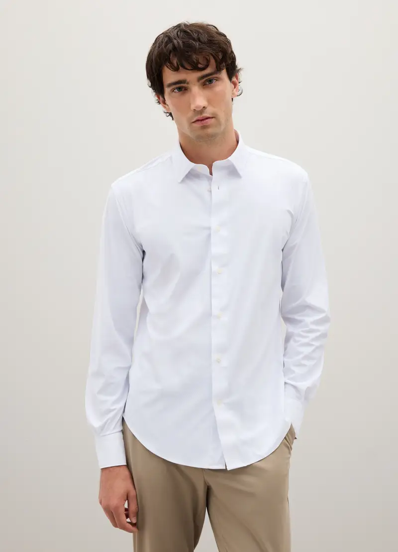 Camicia In Tessuto Elasticizzato Bianca Slim Fit, Uomo, Bianco miniatura 2