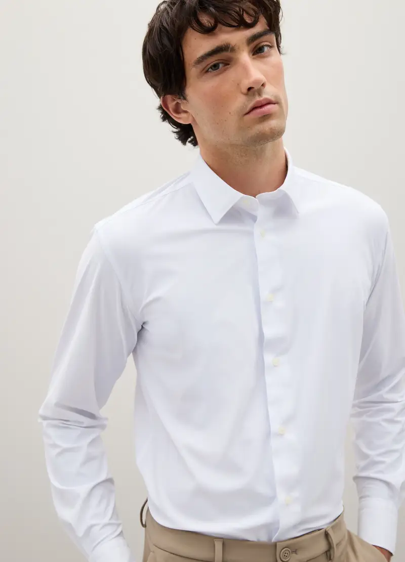 Camicia In Tessuto Elasticizzato Bianca Slim Fit, Uomo, Bianco