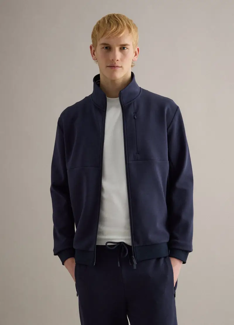 Felpa In Misto Cotone Blu Regular Fit Con Full Zip E Collo Alto, Uomo, Blu miniatura 3