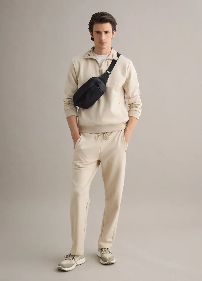 Felpa In Misto Cotone Elasticizzato Beige Regular Fit Con Mezza Zip, Uomo, Beige miniatura 2