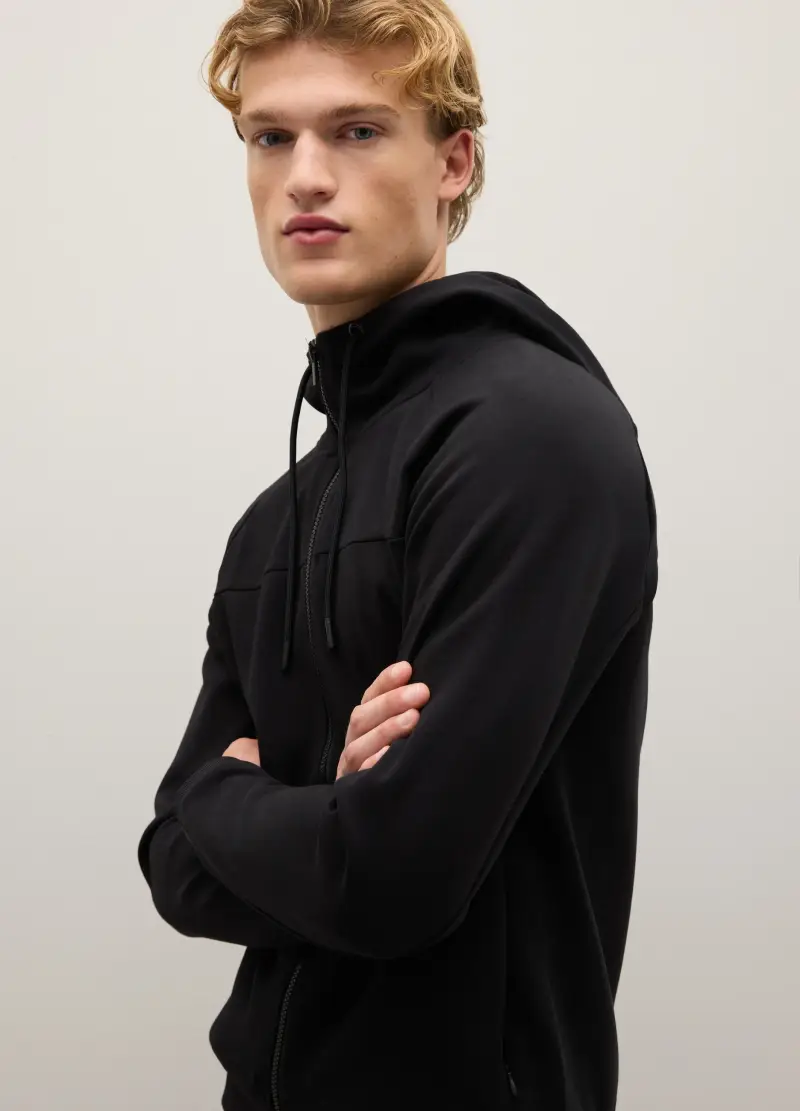 Felpa In Misto Cotone Nero Regular Fit Con Zip, Uomo, Nero