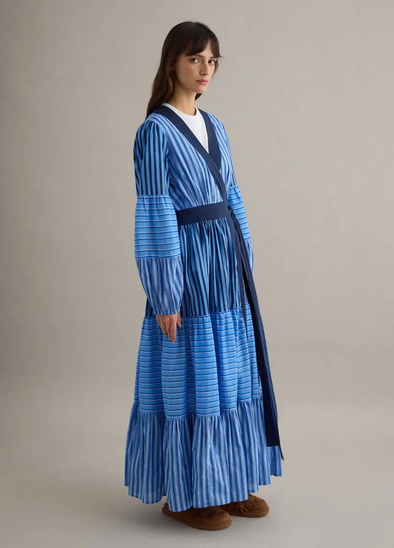 Vestito In Puro Cotone A Righe Multicolor Regular Fit Con Scollo A V, Donna, Multicolor