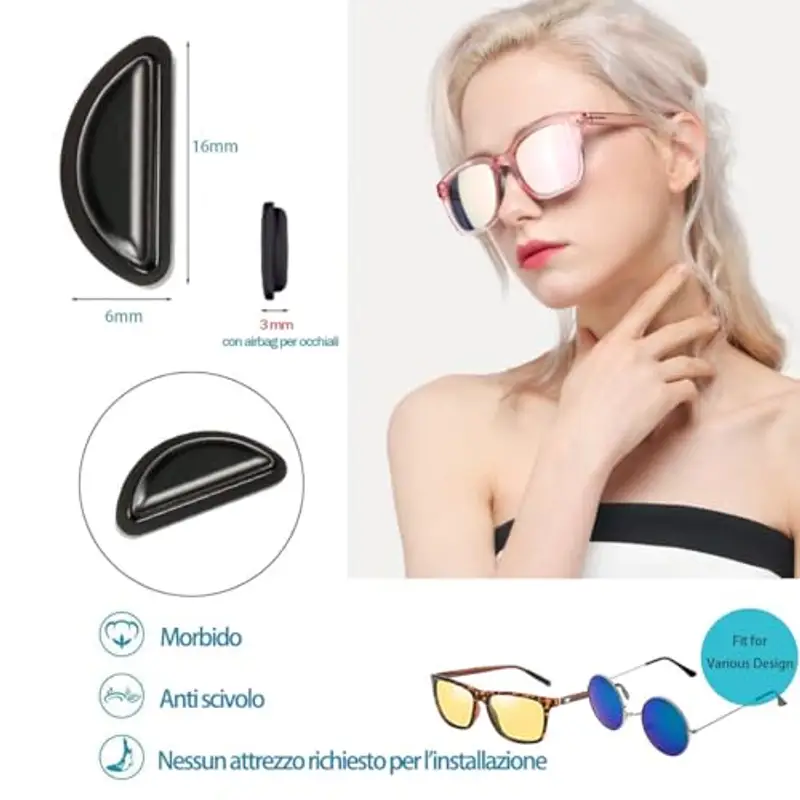 PIPJOY Cuscinetti nasali per occhiali, Cuscinetti nasali adesivi antiscivolo, Cuscinetti nasali in silicone morbido per occhiali, occhiali da vista, occhiali da sole (10 paia di neri) miniatura 2
