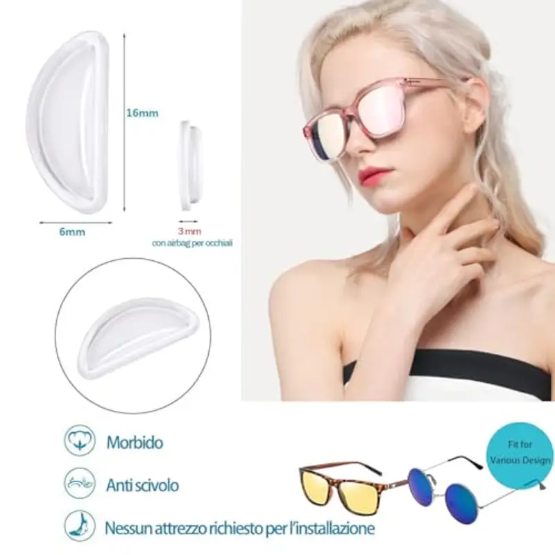 PIPJOY Cuscinetti nasali per occhiali, Cuscinetti nasali adesivi antiscivolo, Cuscinetti nasali in silicone morbido per occhiali, occhiali da vista, occhiali da sole (10 paia trasparenti) miniatura 2