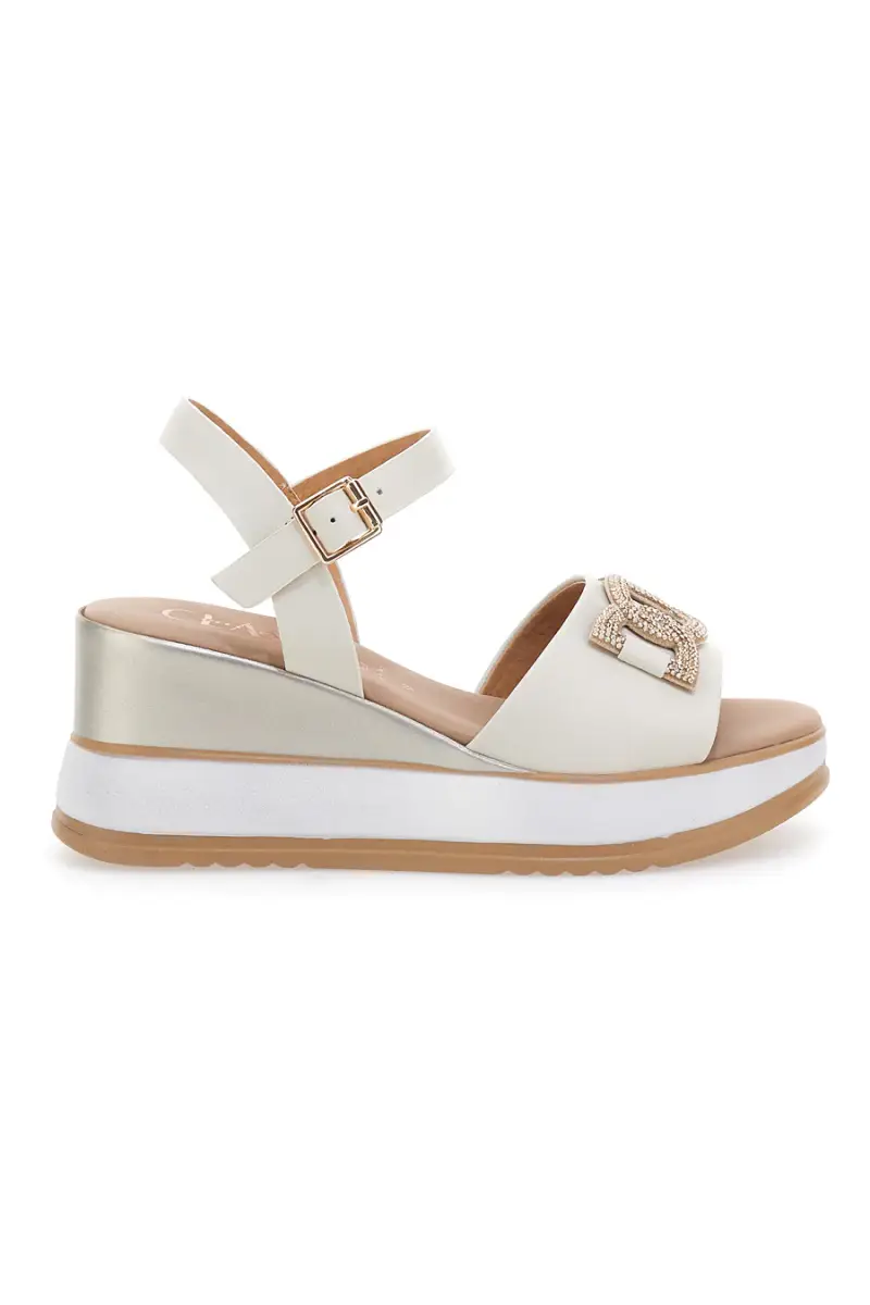 Sandali bianchi in pelle con catena e zeppa Made in Italy Pittarello Class 21249 [AVORIO]