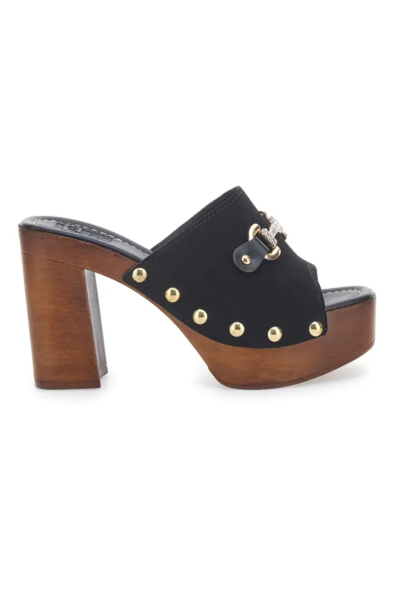 Zoccoli sabot neri con borchie e tacco largo effetto legno Pittarello Love 405011/P [NERO]