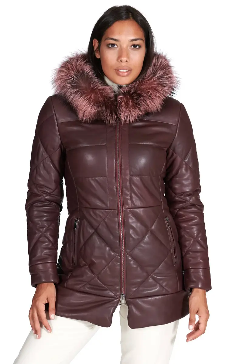 Piumino in pelle naturale bordeaux con cappuccio bordato pelliccia D'Arienzo, Seleziona Taglia S, Colore Vinaccio