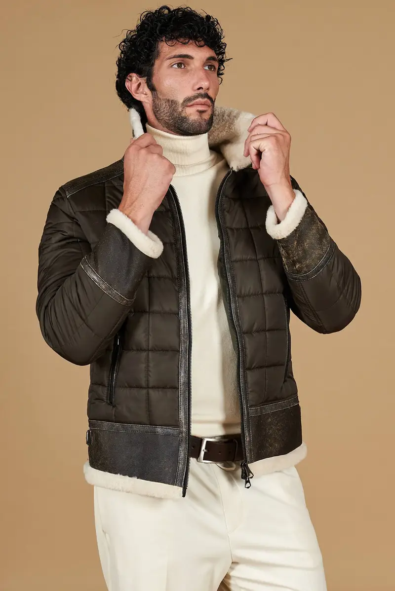 Piumino trapuntato verde profili pelle e shearling testa di moro D'Arienzo, Seleziona Taglia 46, Colore Verde