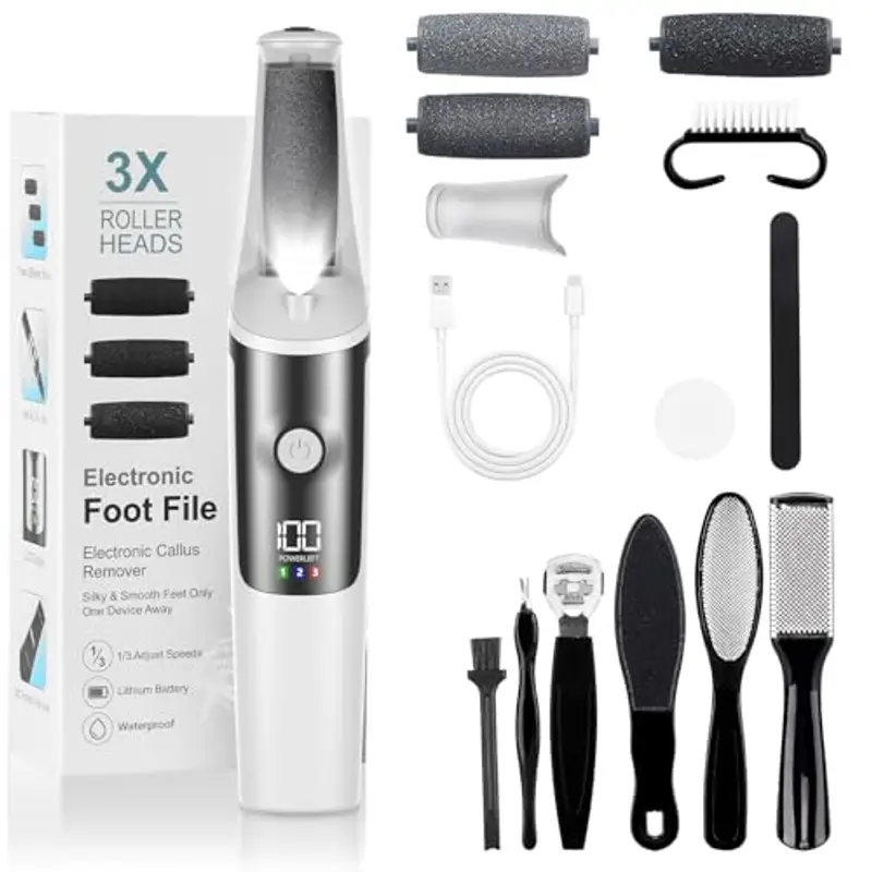 PKBD Pedicure Elettrico Professionale Piedi,Strumenti per la cura dei Piedi e Kit di Accessori,3 Velocità,Impermeabile,Super Lunga Durata Della Batteria,Professionale Esfoliante,Bianco