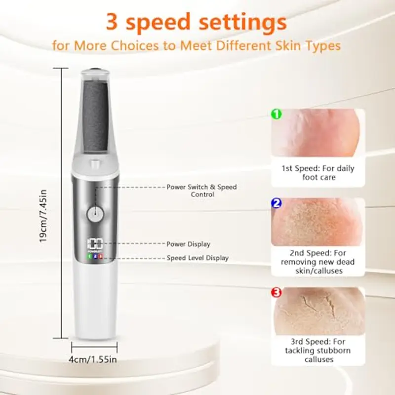 PKBD Pedicure Elettrico Professionale Piedi, Strumenti per la cura dei Piedi e Kit di Accessori, 3 Velocità, Impermeabile, Super Lunga Durata Della Batteria, Professionale Esfoliante, Bianco miniatura 3