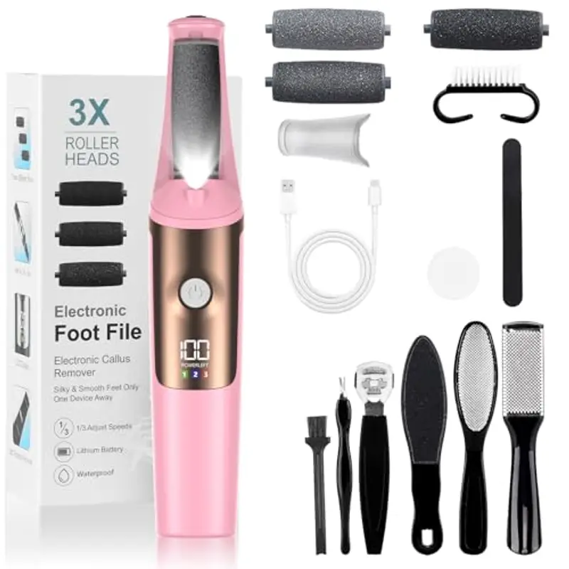 PKBD Pedicure Elettrico Professionale Piedi,Strumenti per la cura dei Piedi e Kit di Accessori,3 Velocità,Impermeabile,Super Lunga Durata Della Batteria,Professionale Esfoliante,Rosa