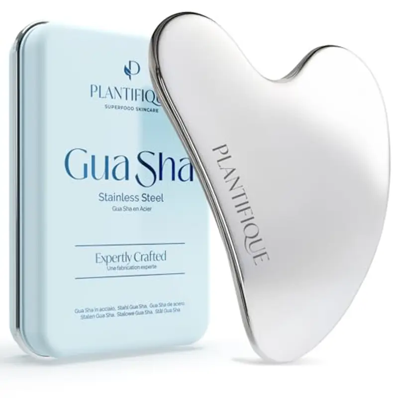 PLANTIFIQUE Gua Sha Viso Acciaio Inox | Guasha Pietra Massaggiatore Antirughe | Kit Skincare Face Massager | Idea Regalo Completo Facciale Corpo Piedi Massaggio Originale