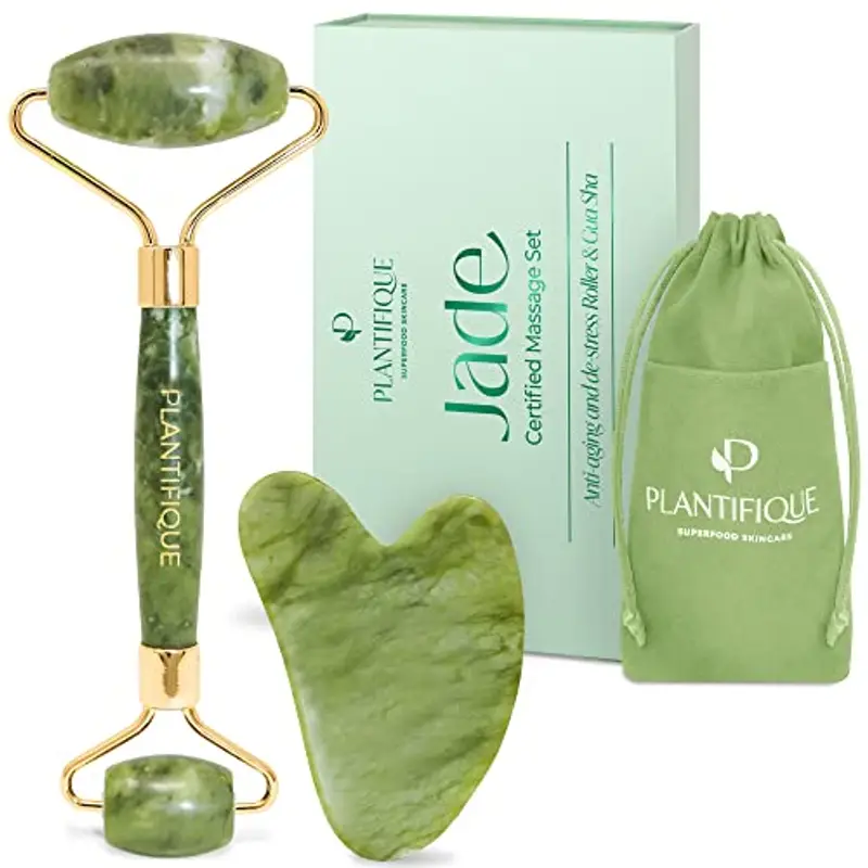 PLANTIFIQUE Rullo Giada Viso e Gua Sha | Jade Roller e Guasha Pietra Massaggiatore Antirughe | Kit Skincare Face Roll Massager | Idea Regalo Completo Facciale Corpo Piedi Massaggio Originale