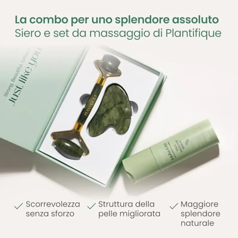 PLANTIFIQUE Rullo Giada Viso e Gua Sha | Jade Roller e Guasha Pietra Massaggiatore Antirughe | Kit Skincare Face Roll Massager | Idea Regalo Completo Facciale Corpo Piedi Massaggio Originale miniatura 3