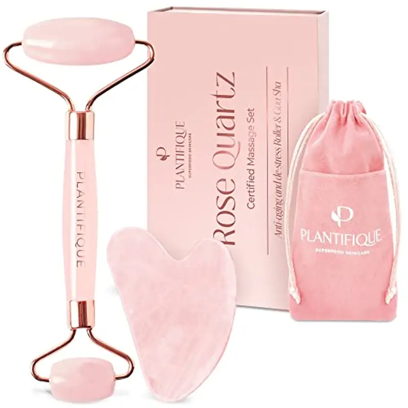 PLANTIFIQUE Rullo Viso di Quarzo Rosa e Gua Sha | Roller e Guasha Pietra Massaggiatore Antirughe | Kit Skincare Face Roll Massager | Idea Regalo Completo Facciale Corpo Piedi Massaggio Originale