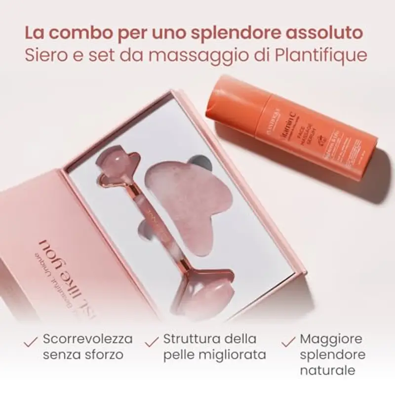 PLANTIFIQUE Rullo Viso di Quarzo Rosa e Gua Sha | Roller e Guasha Pietra Massaggiatore Antirughe | Kit Skincare Face Roll Massager | Idea Regalo Completo Facciale Corpo Piedi Massaggio Originale miniatura 3