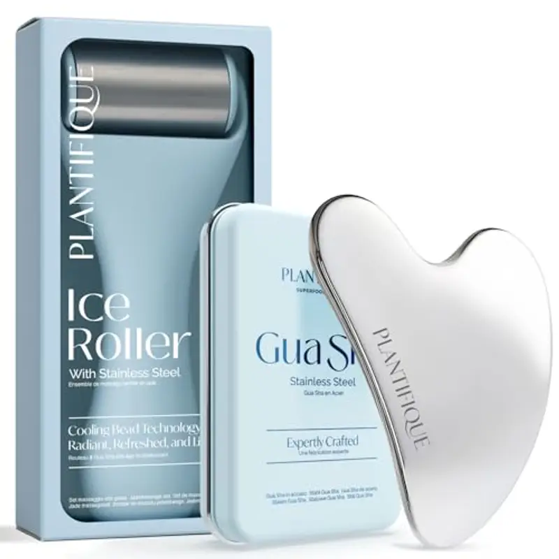 PLANTIFIQUE Skincare Ice Roller e Gua Sha Set in Acciaio Inossidabile - Massaggiatore per Viso e Corpo con Crioterapia