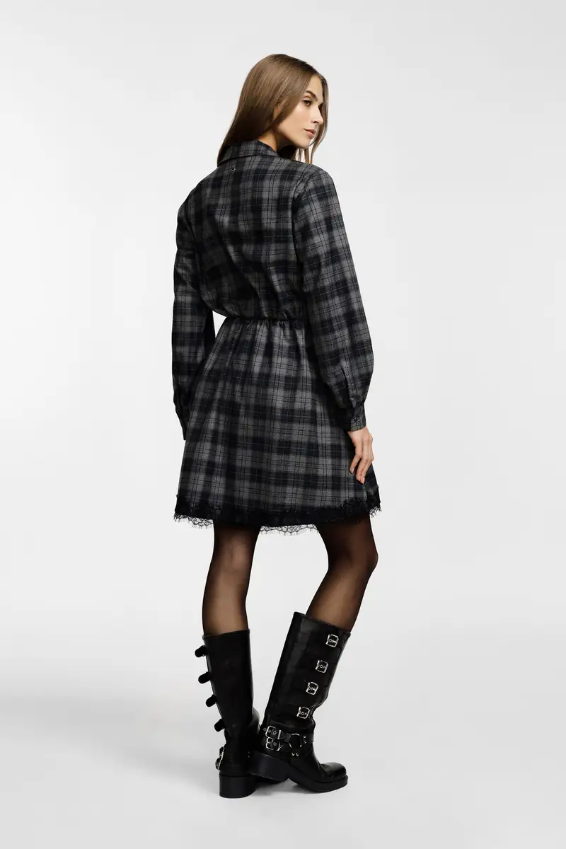 Abito corto a quadri con colletto e bordo in pizzo Grigio medio miniatura 3