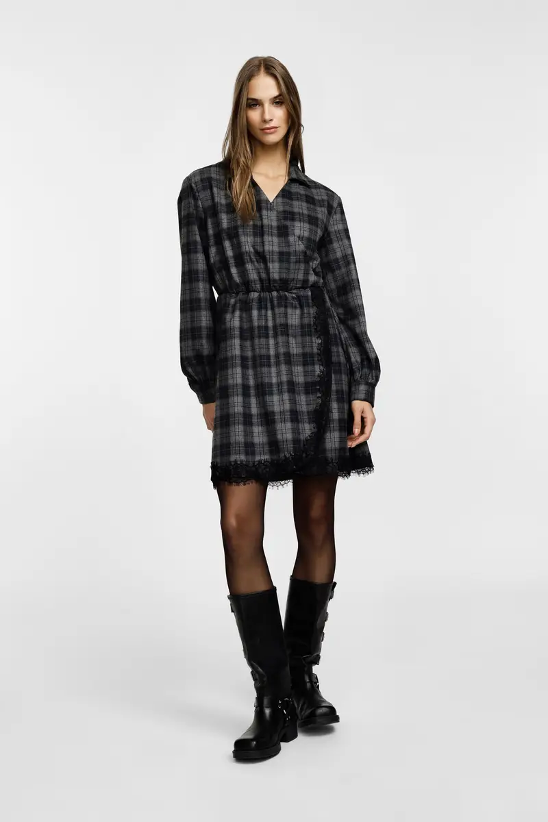 Abito corto a quadri con colletto e bordo in pizzo Grigio medio miniatura 2