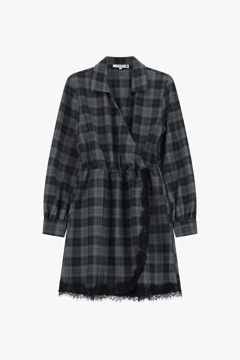 Abito corto a quadri con colletto e bordo in pizzo Grigio medio