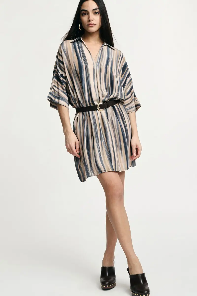 Abito corto a righe con colletto classico Beige miniatura 2