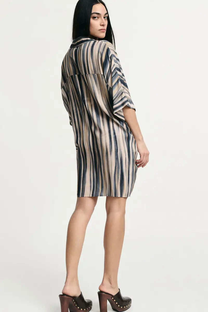 Abito corto a righe con colletto classico Beige miniatura 3