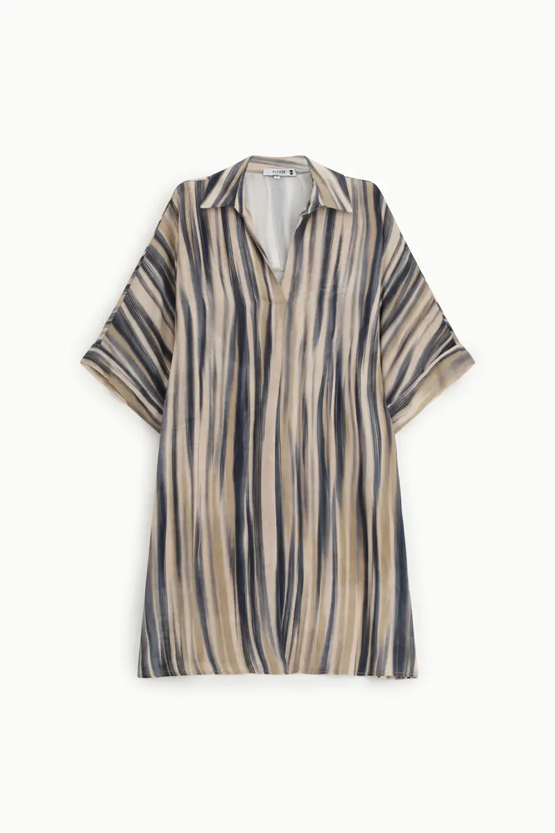 Abito corto a righe con colletto classico Beige
