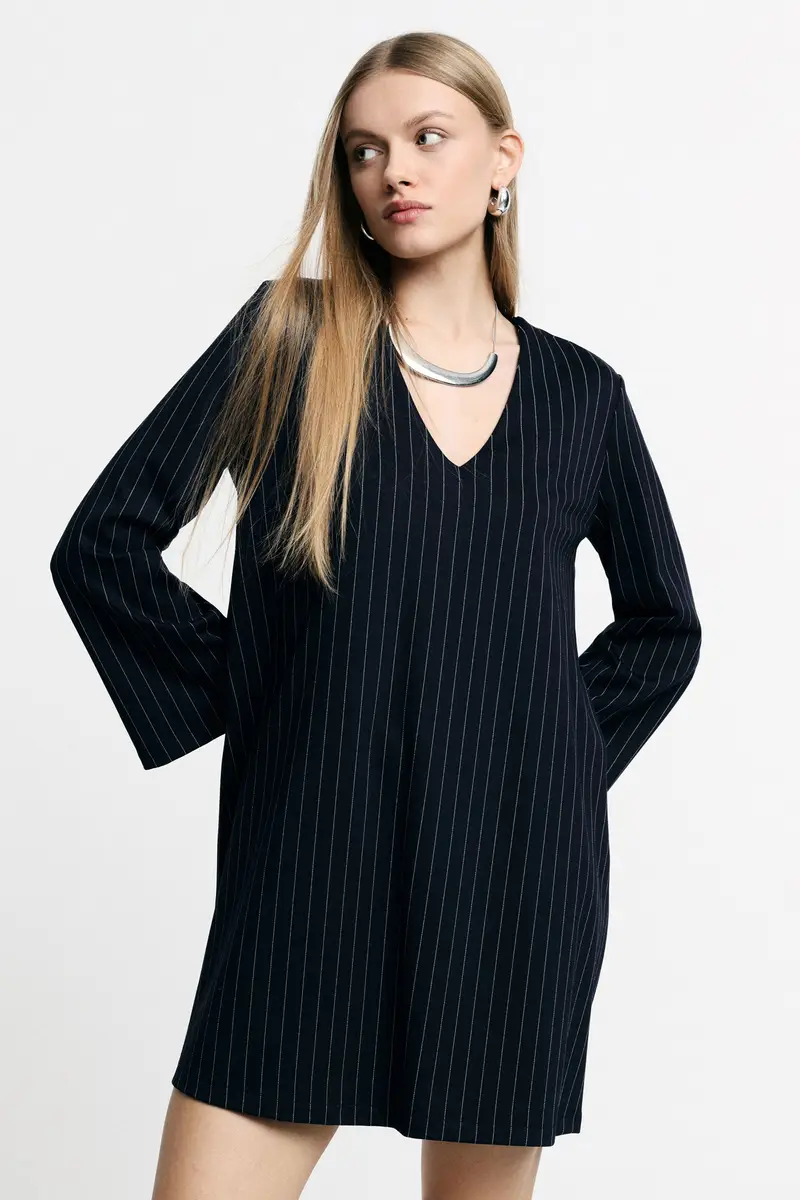 Abito corto a righe con scollo a v e maniche lunghe Blu miniatura 2