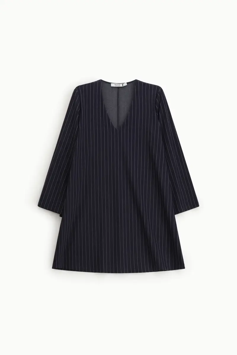 Abito corto a righe con scollo a v e maniche lunghe Blu