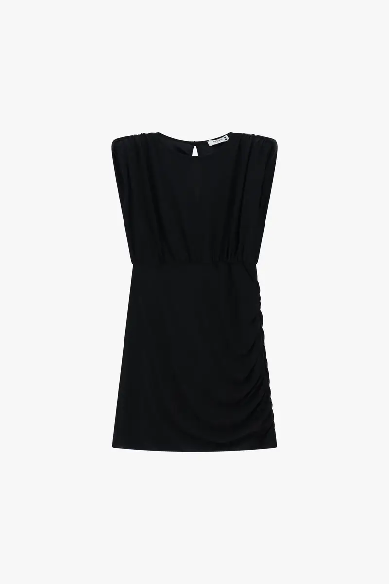 Abito corto arricciato con spalline ampie Nero