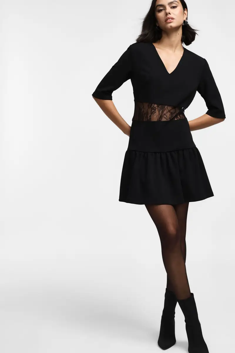 Abito corto con inserti in pizzo e maniche a metà Nero miniatura 3