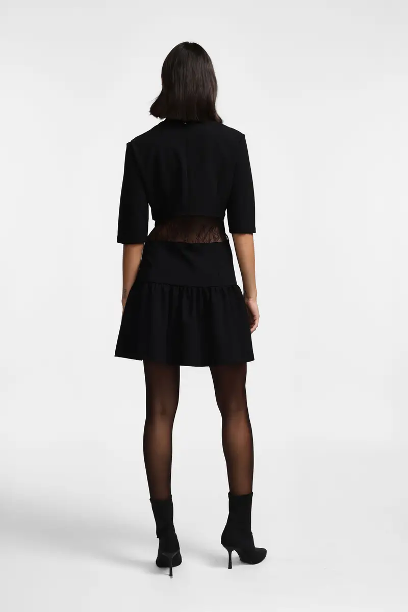 Abito corto con inserti in pizzo e maniche a metà Nero miniatura 4