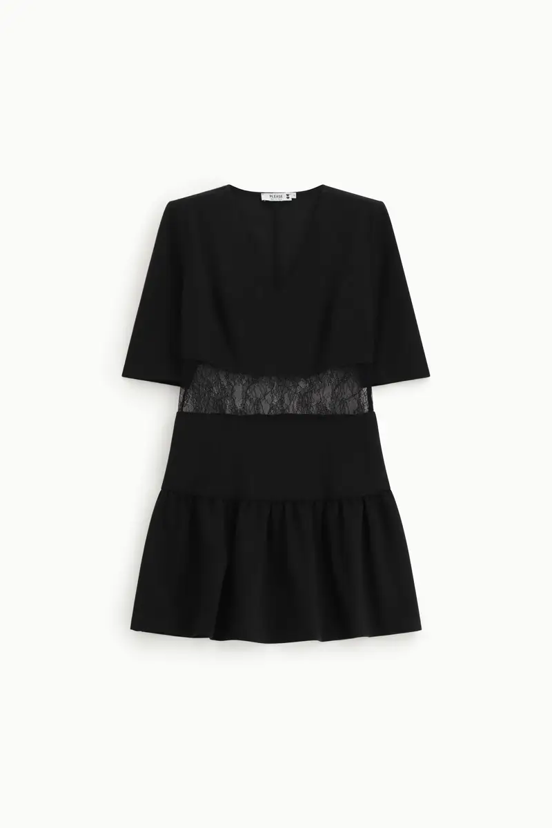 Abito corto con inserti in pizzo e maniche a metà Nero